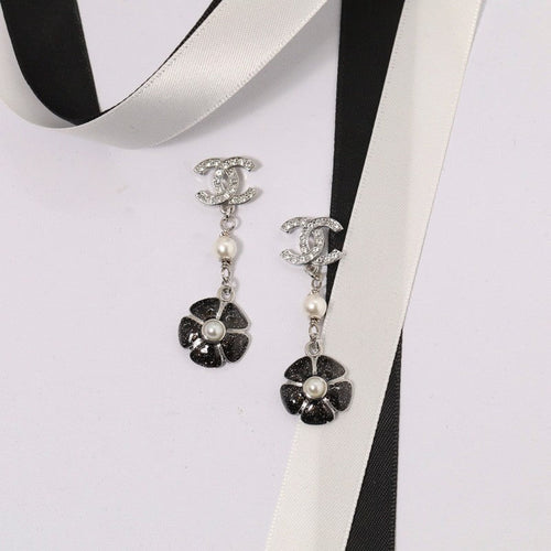 Chanel Black & Pink Camellia Diamond Long 18K Gold Earrings